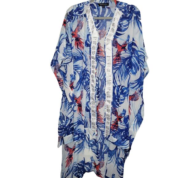 The Wendy Williams Collection Blue/White/Red Tropical Hi-Lo Kimono Duster XS/S - Picture 4 of 7